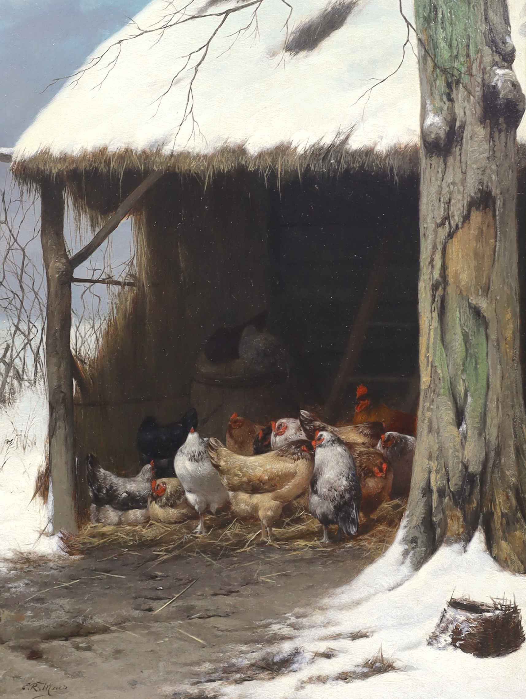 Eugene Remy Maes (Belgian, 1849-1931), Chickens sheltering from the snow in winter, oil on panel, 35 x 25.5cm